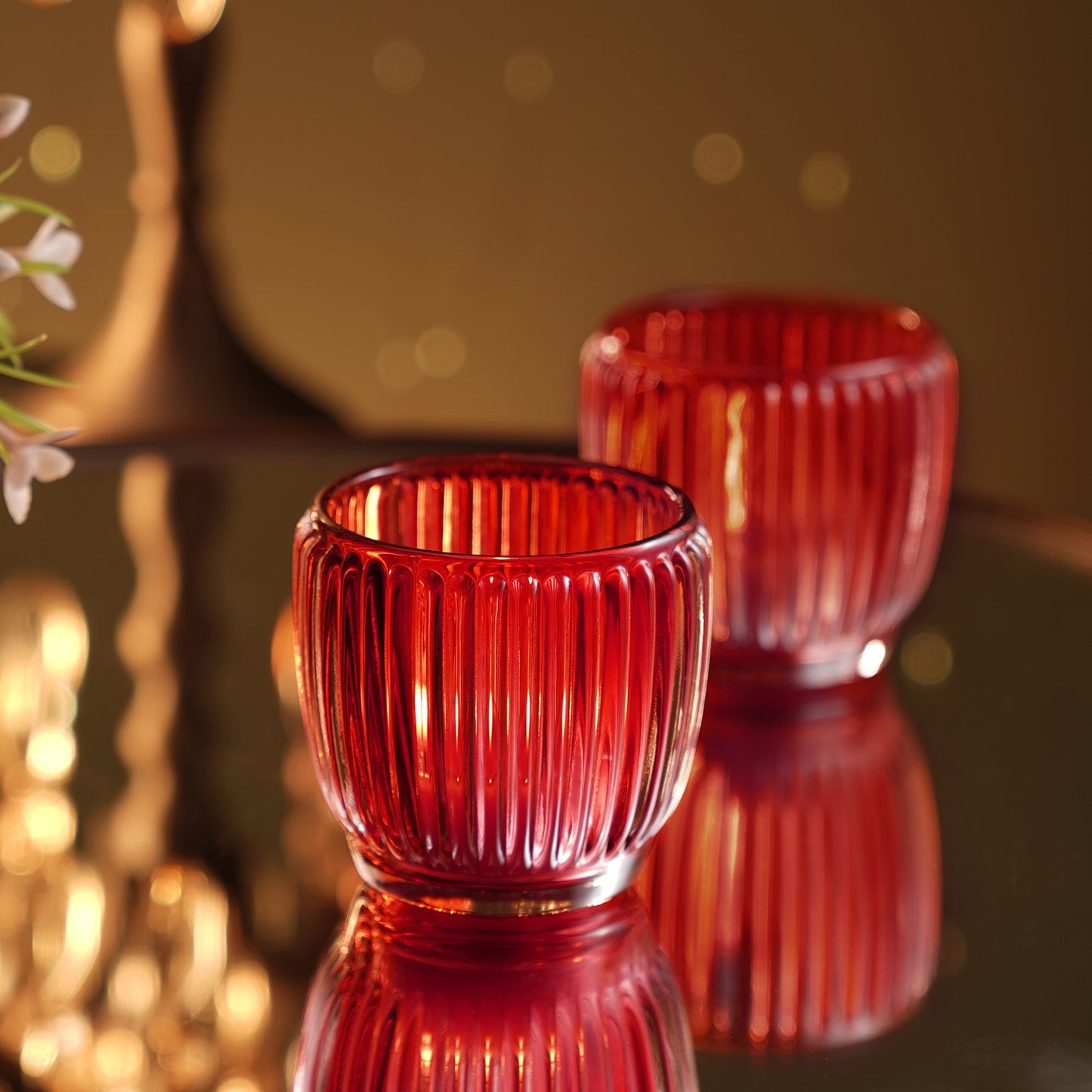Set of 4 Red Glass Ribbed Tealight Holders - Small