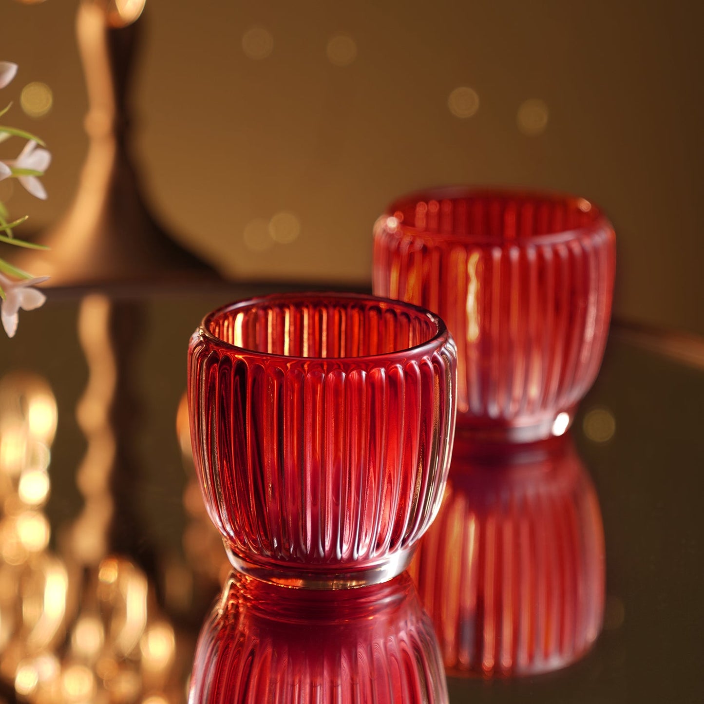 Set of 4 Red Glass Ribbed Tealight Holders - Small