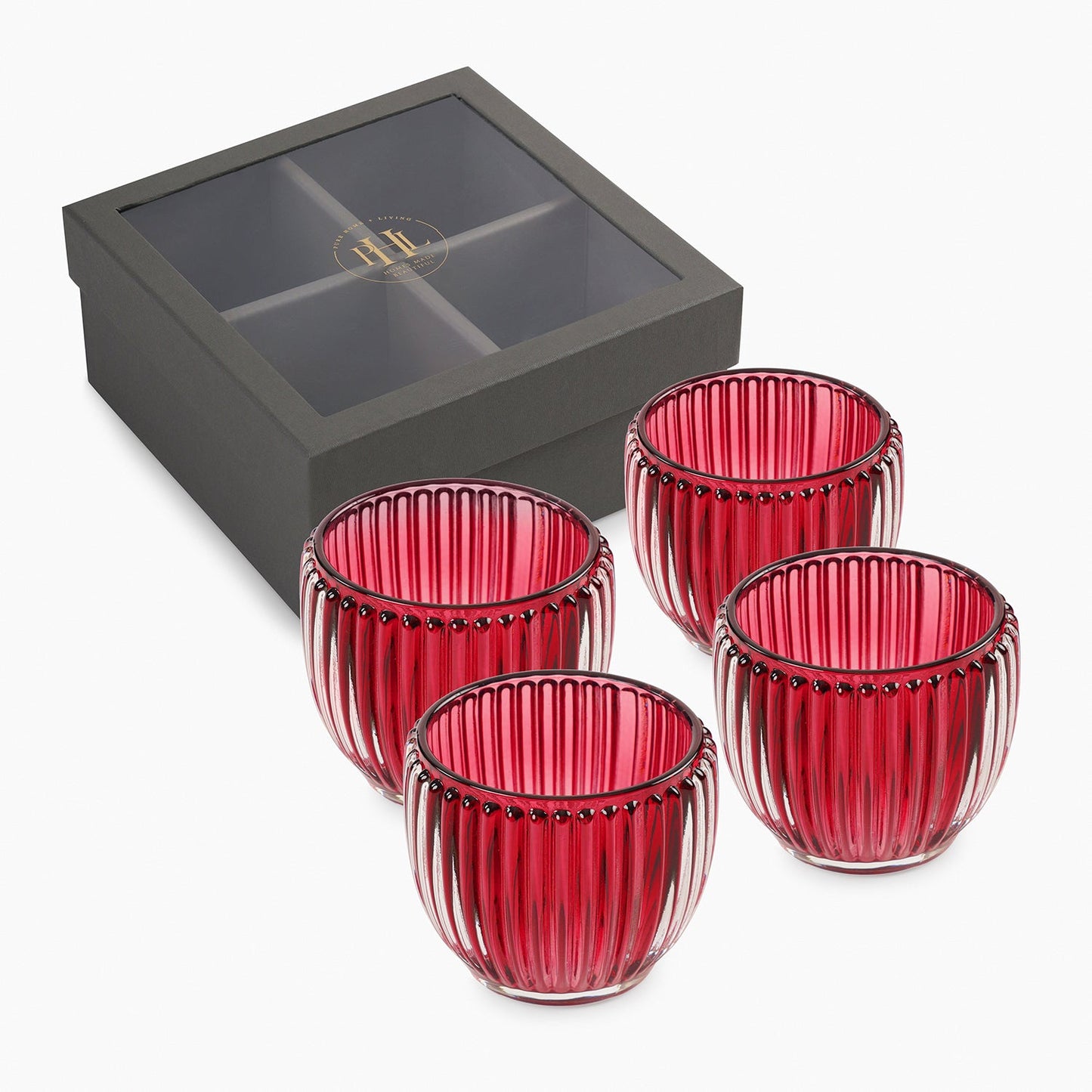 Set of 4 Red Glass Ribbed Tealight Holders - Small