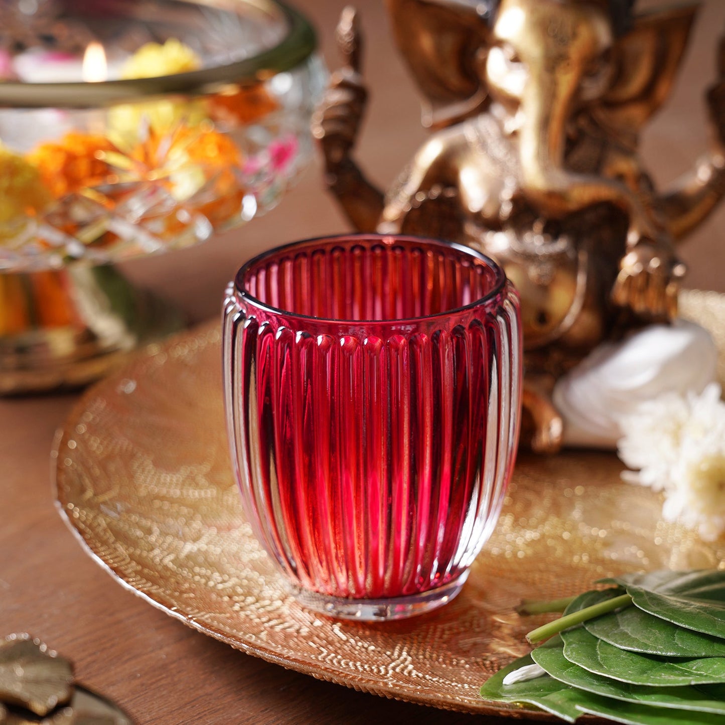 Set of 2 Red Glass Ribbed Tealight Holders - Large
