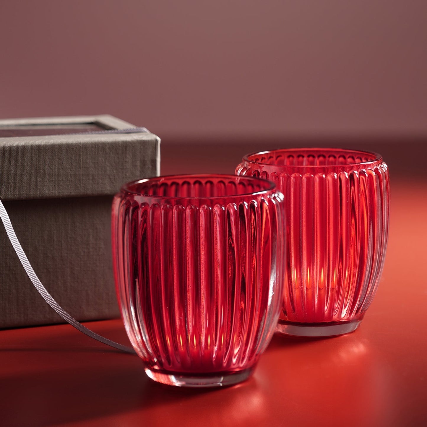 Set of 2 Red Glass Ribbed Tealight Holders - Large