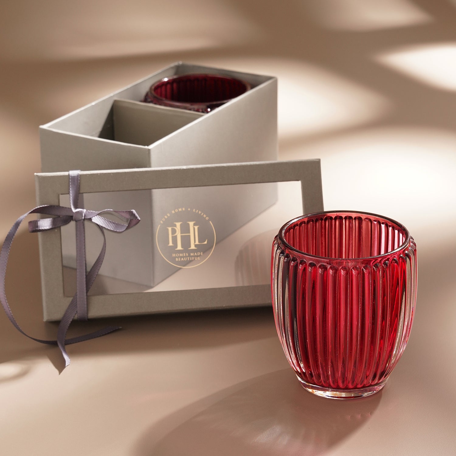 Set of 2 Red Glass Ribbed Tealight Holders - Large