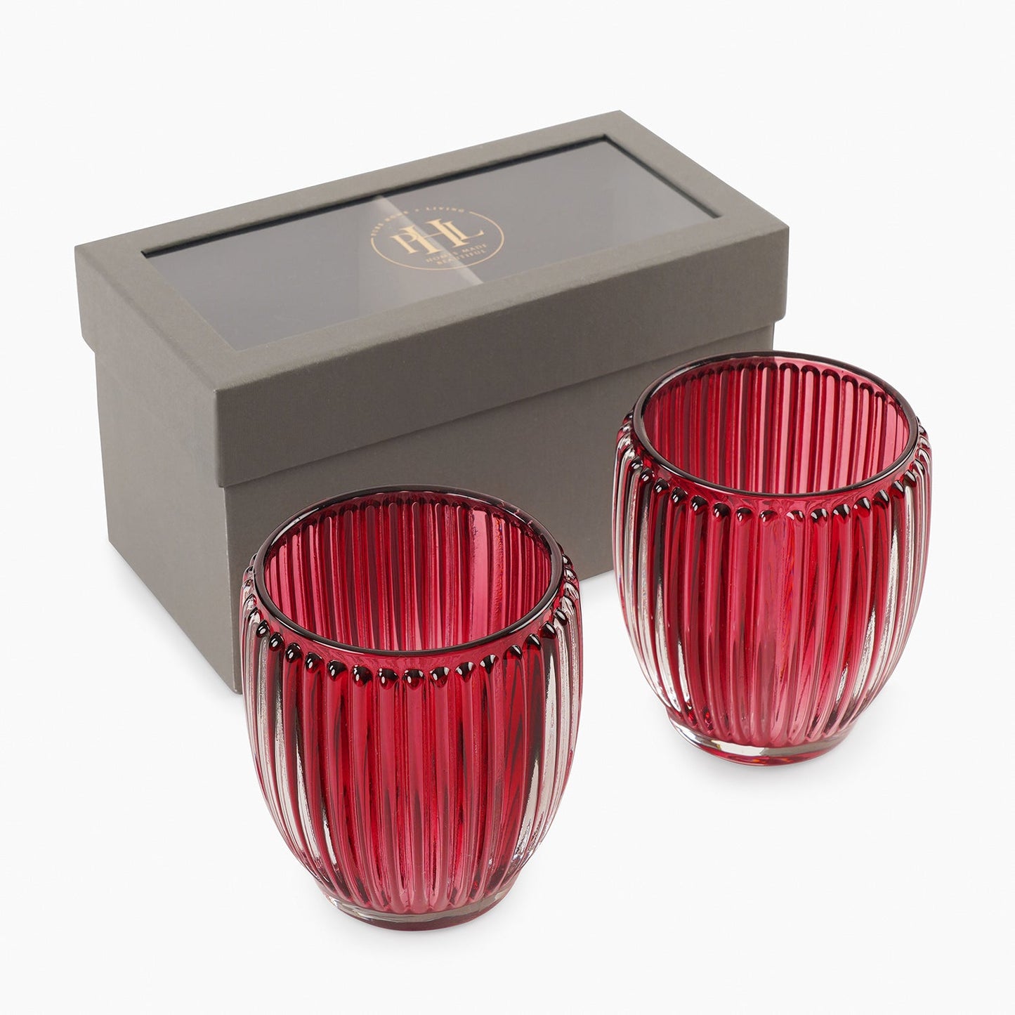 Set of 2 Red Glass Ribbed Tealight Holders - Large
