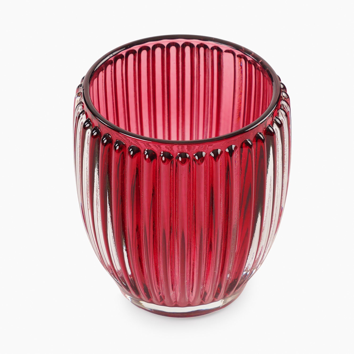 Set of 2 Red Glass Ribbed Tealight Holders - Large
