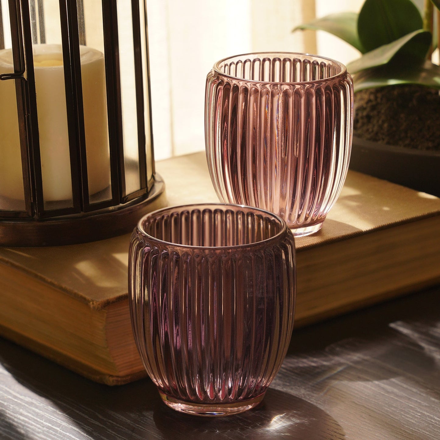Set of 2 Brown Glass Ribbed Tealight Holders - Large