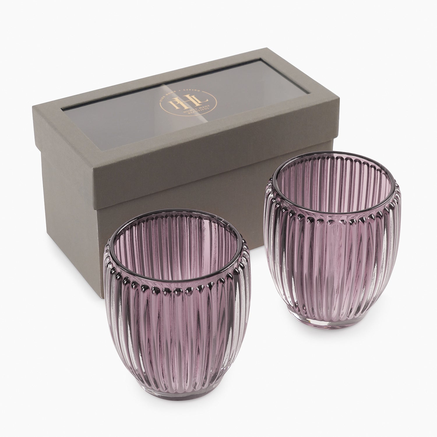 Set of 2 Brown Glass Ribbed Tealight Holders - Large