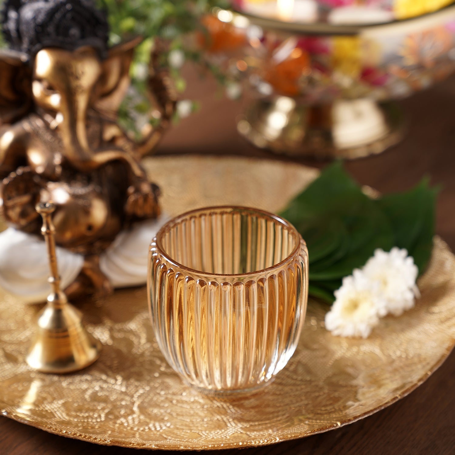 Set of 4 Light Amber Glass Ribbed Tealight Holders - Small