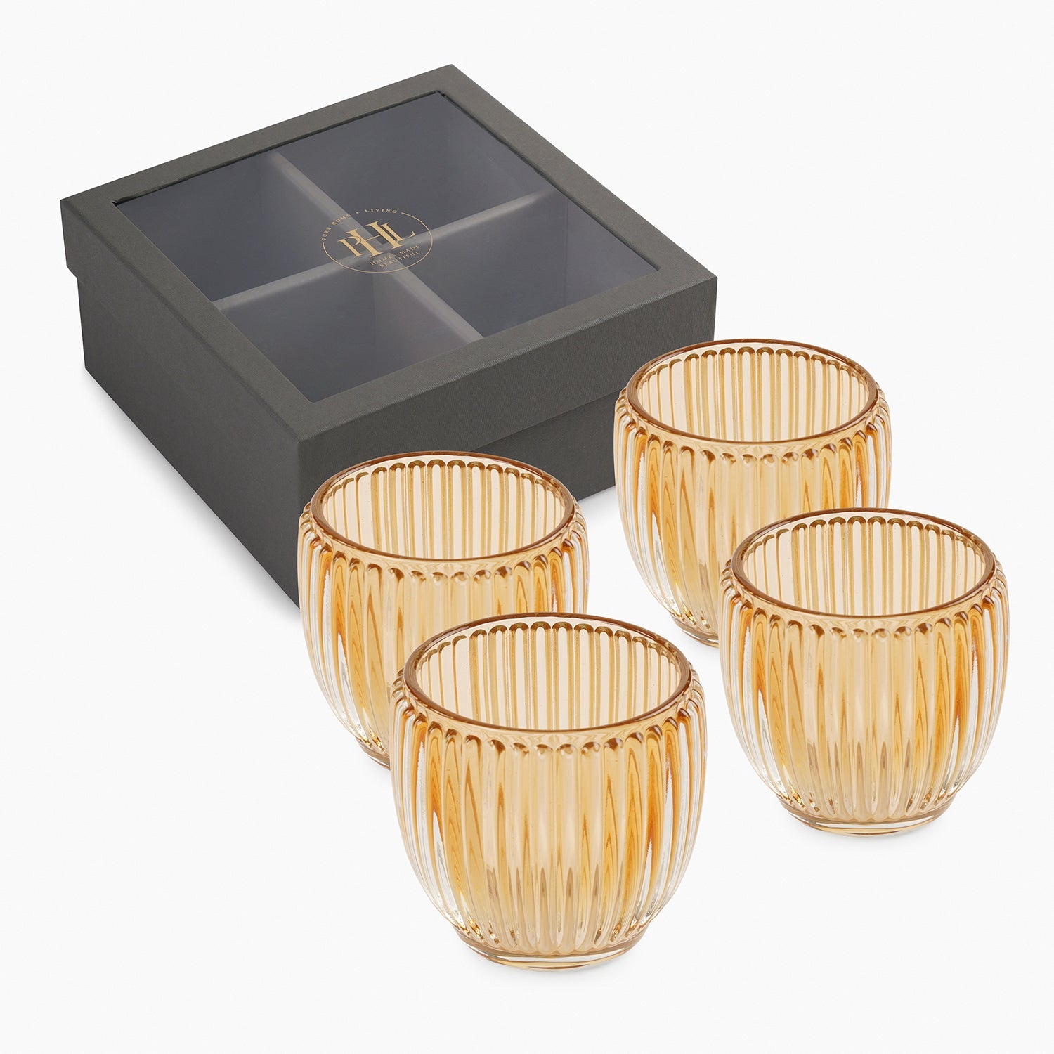 Set of 4 Light Amber Glass Ribbed Tealight Holders - Small