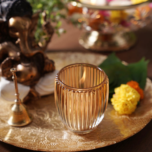 Set of 2 Light Amber Glass Ribbed Tealight Holders - Large