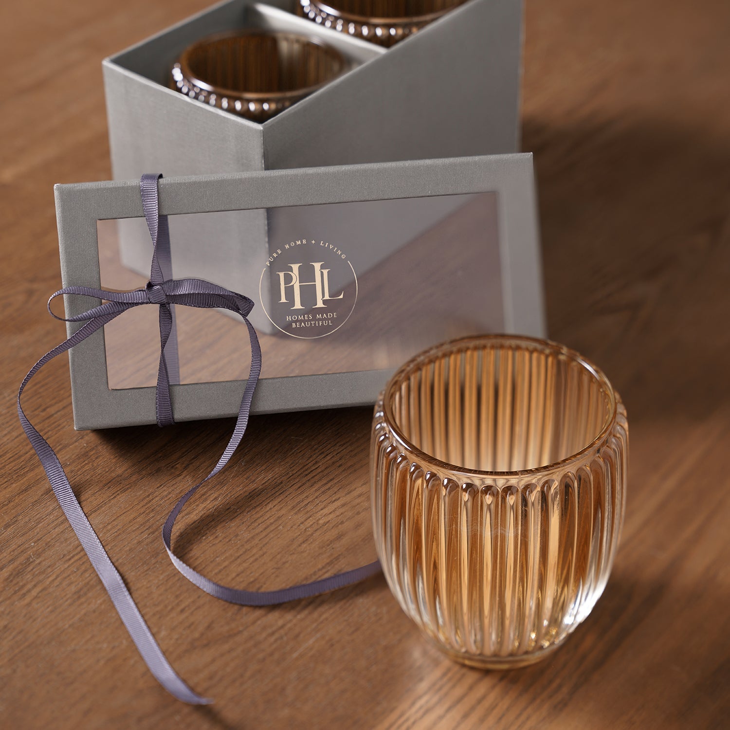 Set of 2 Light Amber Glass Ribbed Tealight Holders - Large