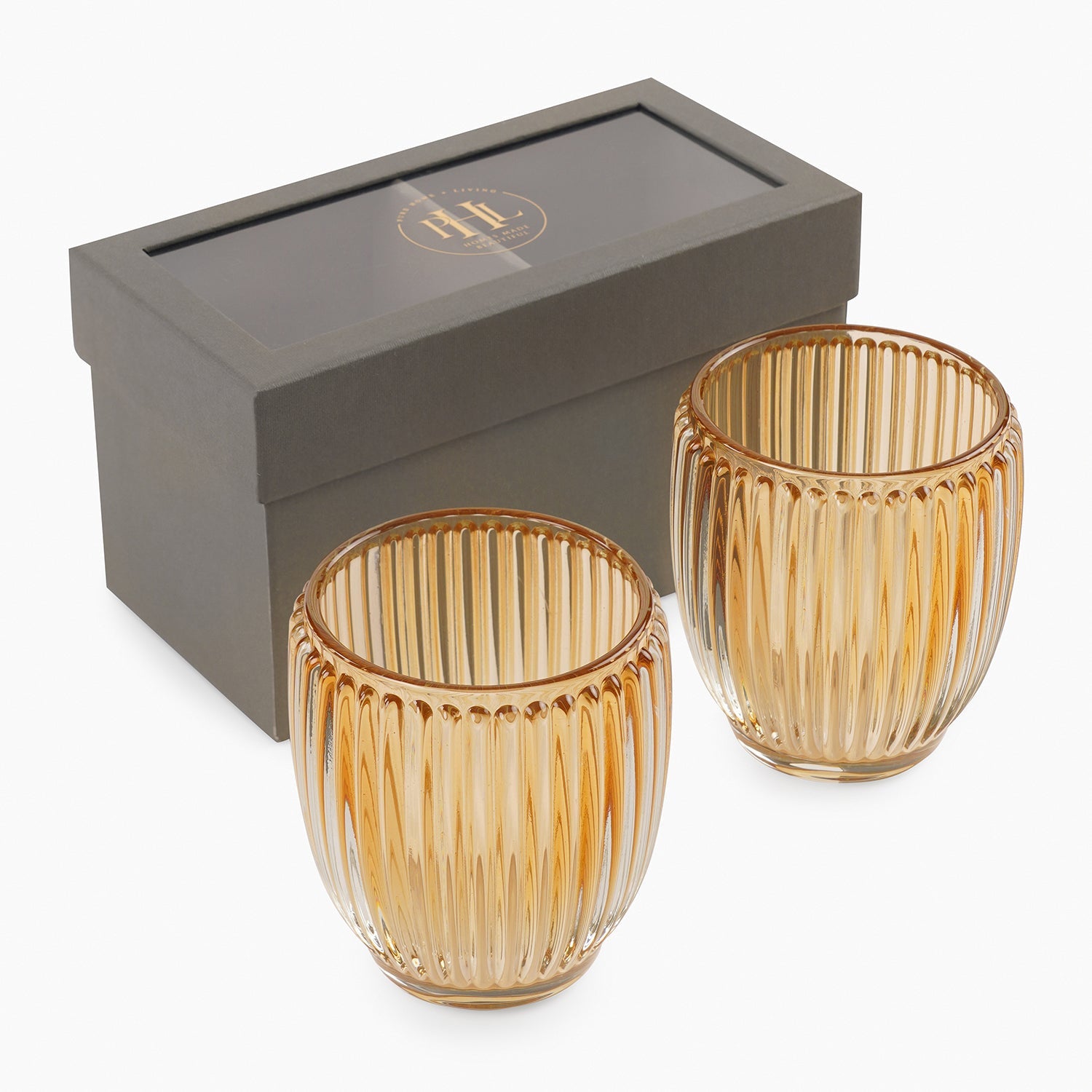 Set of 2 Light Amber Glass Ribbed Tealight Holders - Large