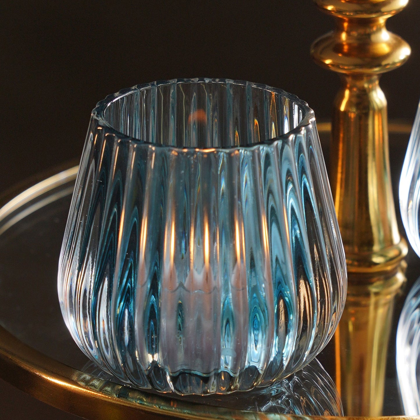 Set of 2 Teal Ribbed Glass Tealight Holders - Small