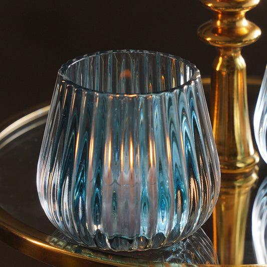 Set of 2 Teal Ribbed Glass Tealight Holders - Small