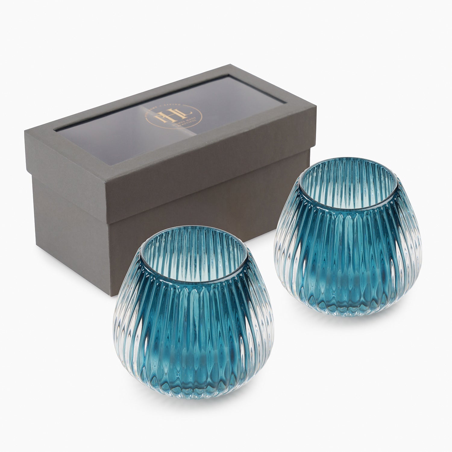 Set of 2 Teal Ribbed Glass Tealight Holders - Small