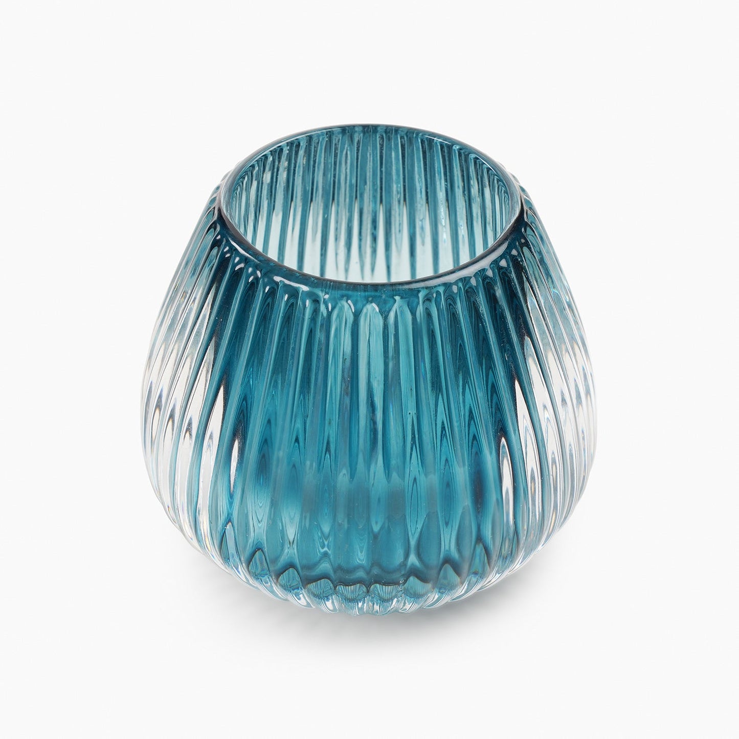 Set of 2 Teal Ribbed Glass Tealight Holders - Small