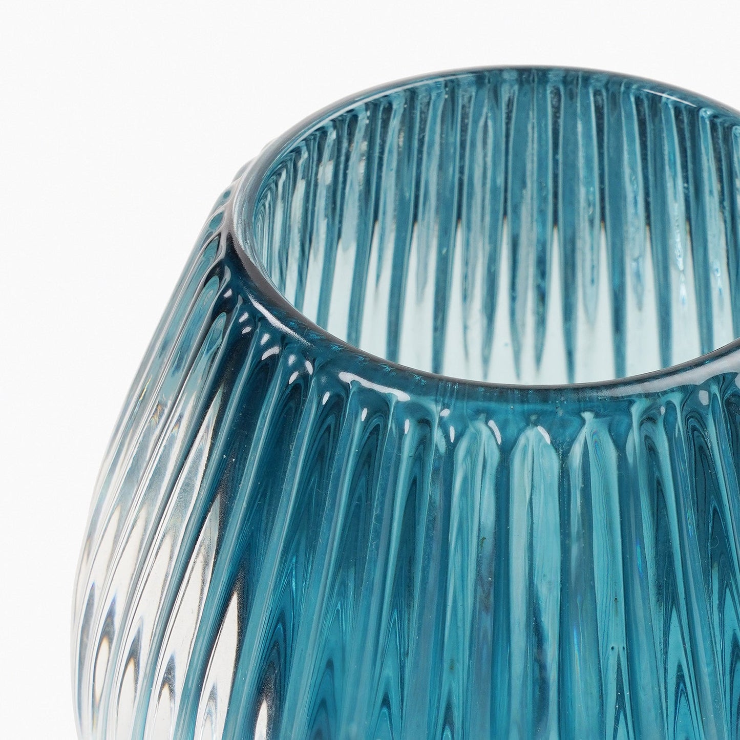 Set of 2 Teal Ribbed Glass Tealight Holders - Small