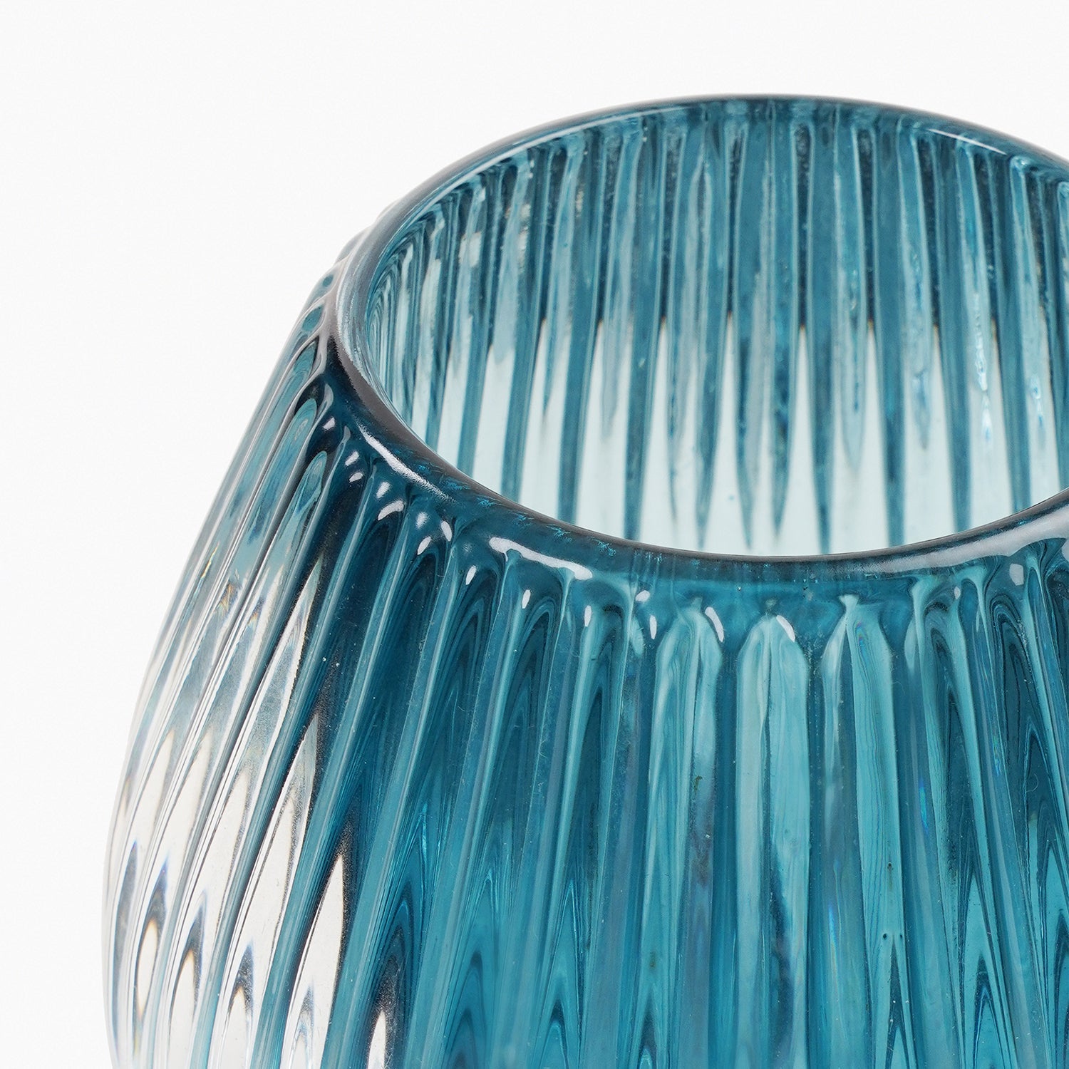 Set of 2 Teal Ribbed Glass Tealight Holders - Small