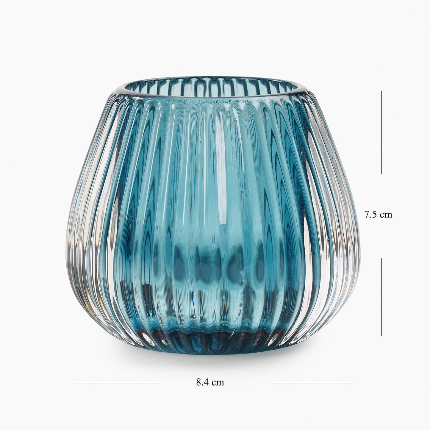 Set of 2 Teal Ribbed Glass Tealight Holders - Small