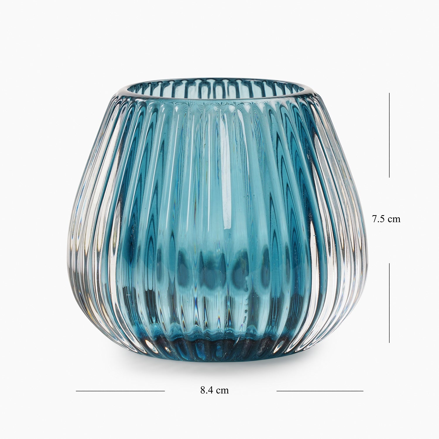 Set of 2 Teal Ribbed Glass Tealight Holders - Small
