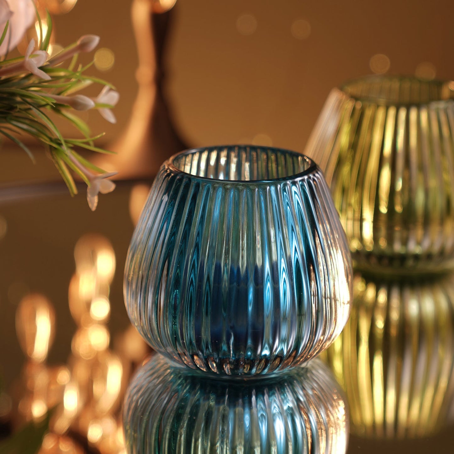 Teal Glass Ribbed Tealight Holder