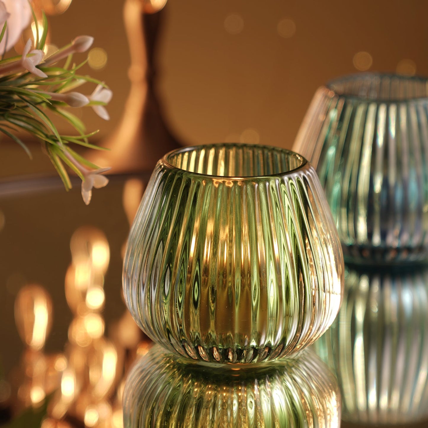 Dark Green Glass Ribbed Tealight Holder