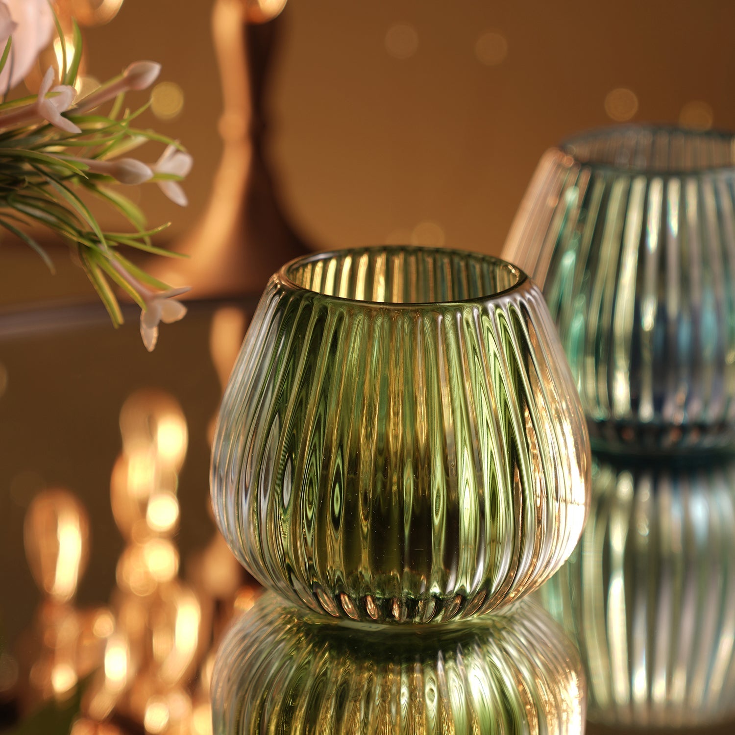 Dark Green Glass Ribbed Tealight Holder
