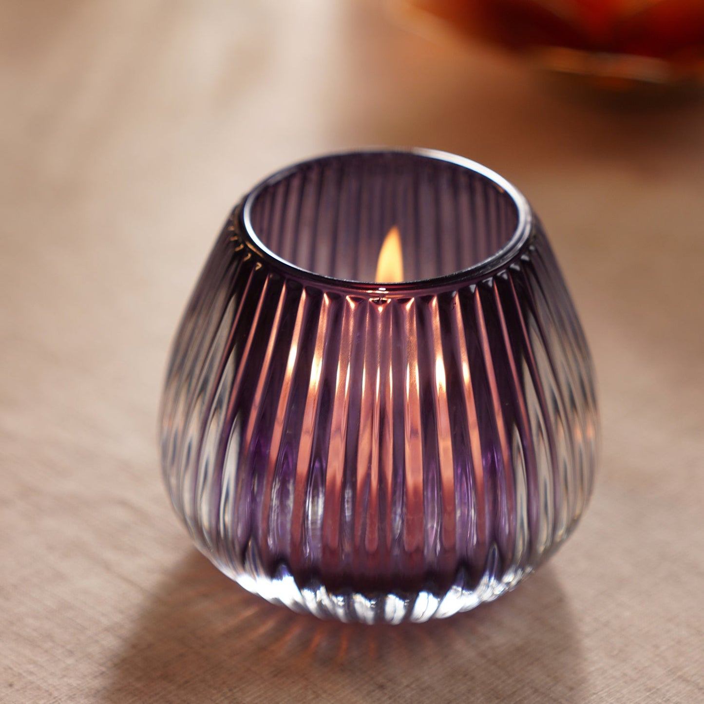 Purple Glass Ribbed Tealight Holder