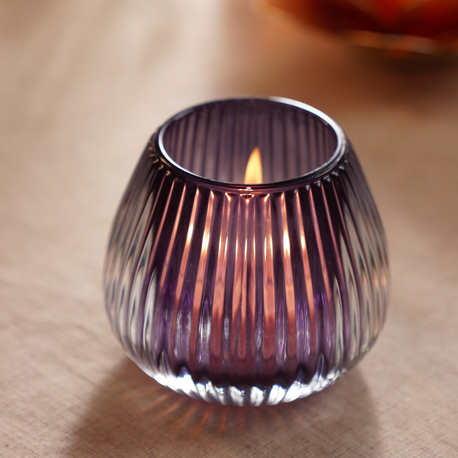 Purple Glass Ribbed Tealight Holder