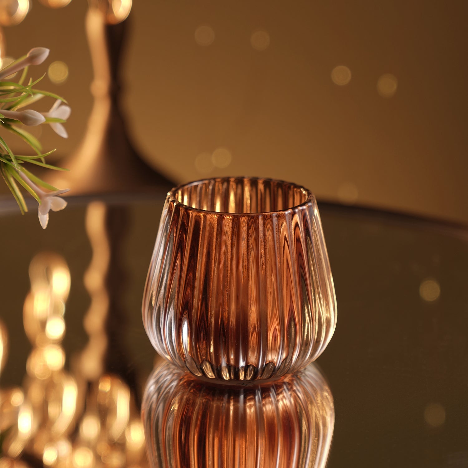 Set of 2 Dark Amber Ribbed Tealight Holders