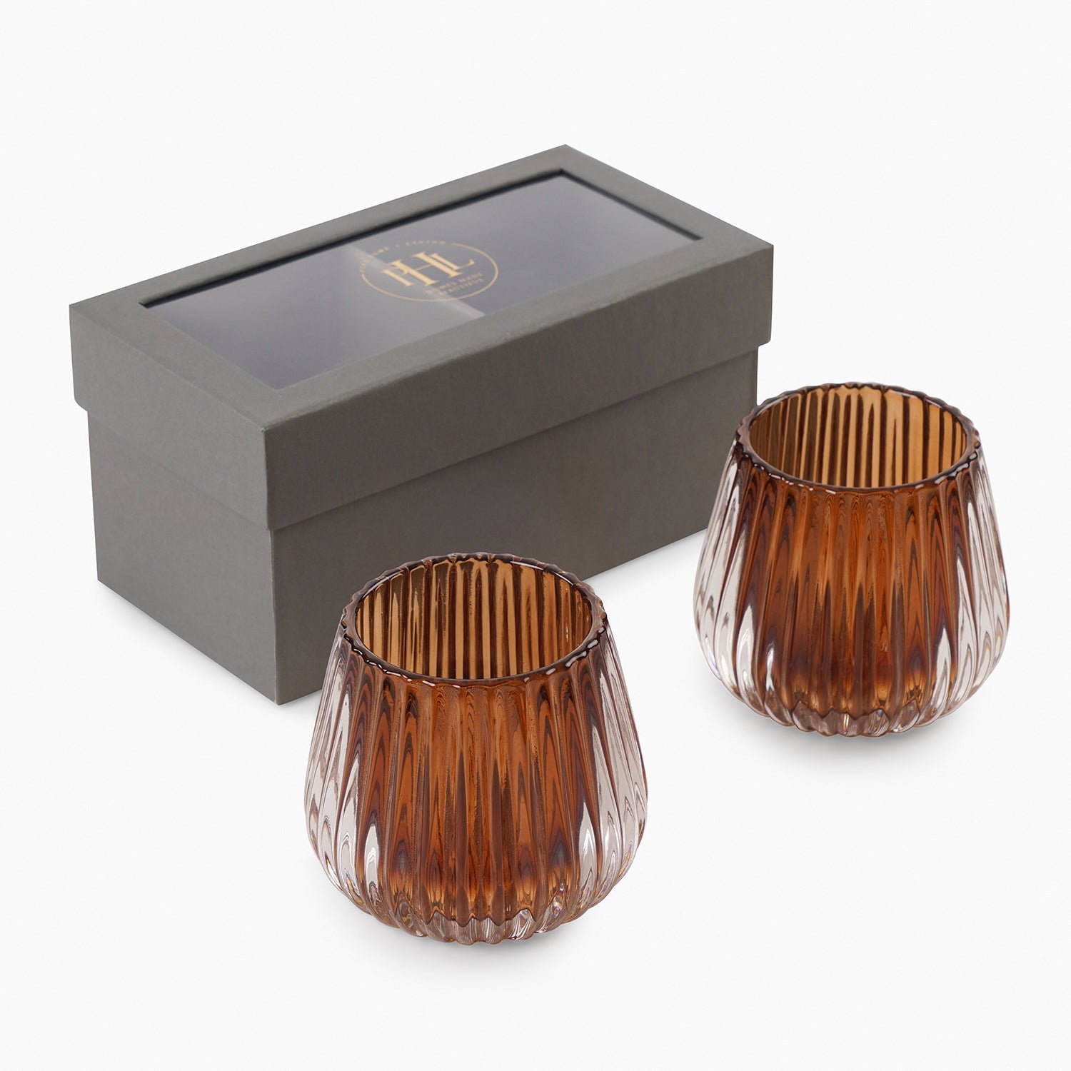 Set of 2 Dark Amber Ribbed Tealight Holders