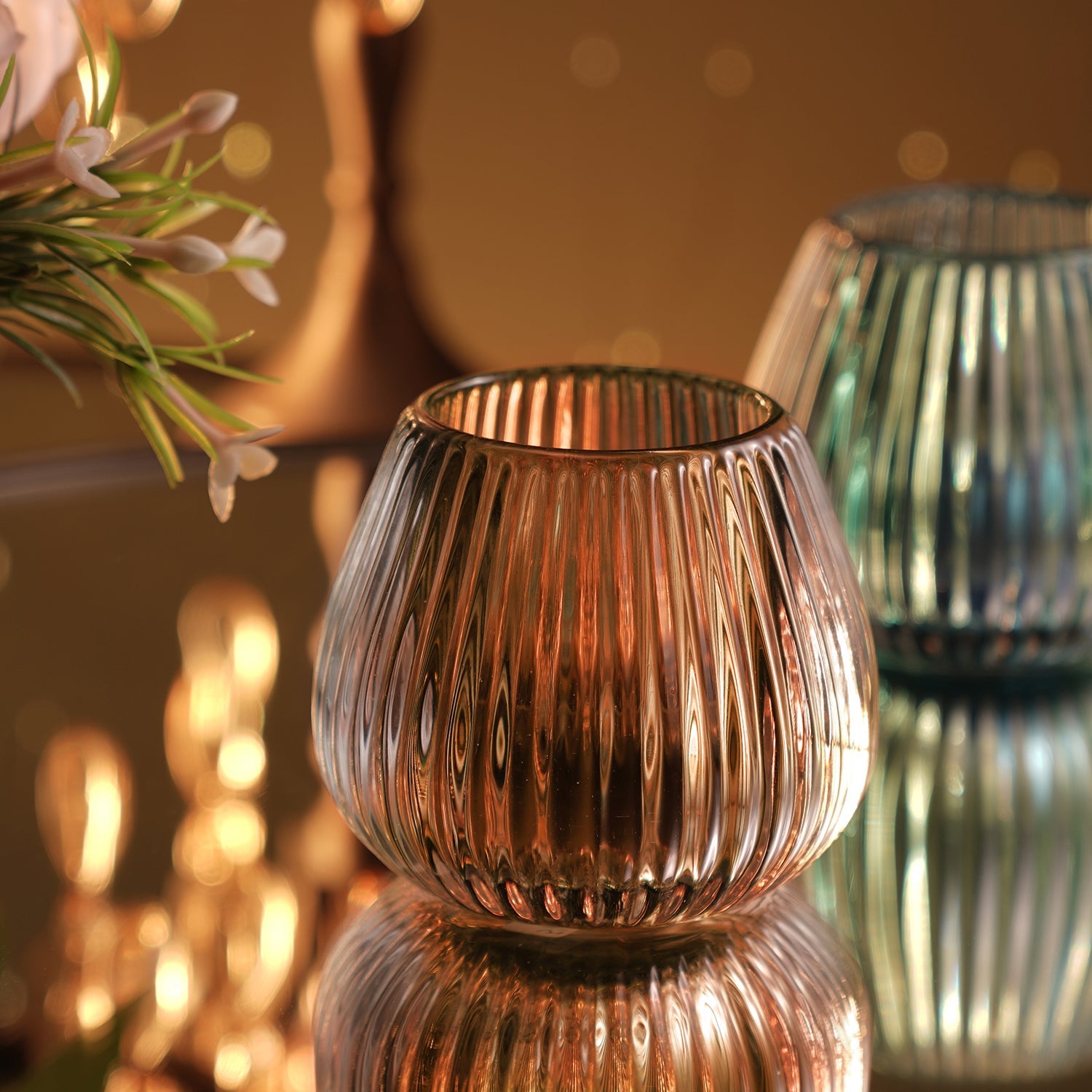 Light Amber Glass Ribbed Tealight Holder