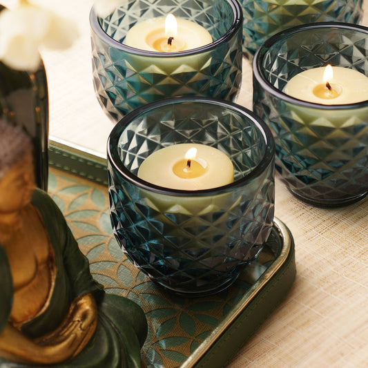 Set of 4 Teal Diamond Cut Tealight Holders