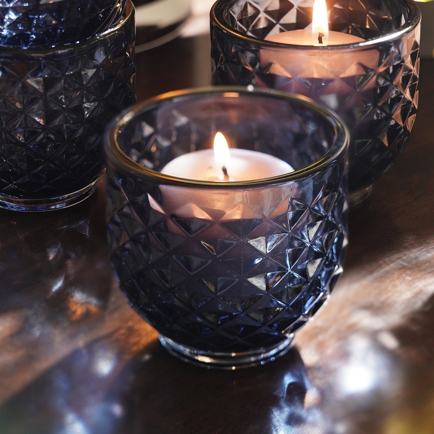 Set of 4 Blue Diamond Cut Tealight Holders