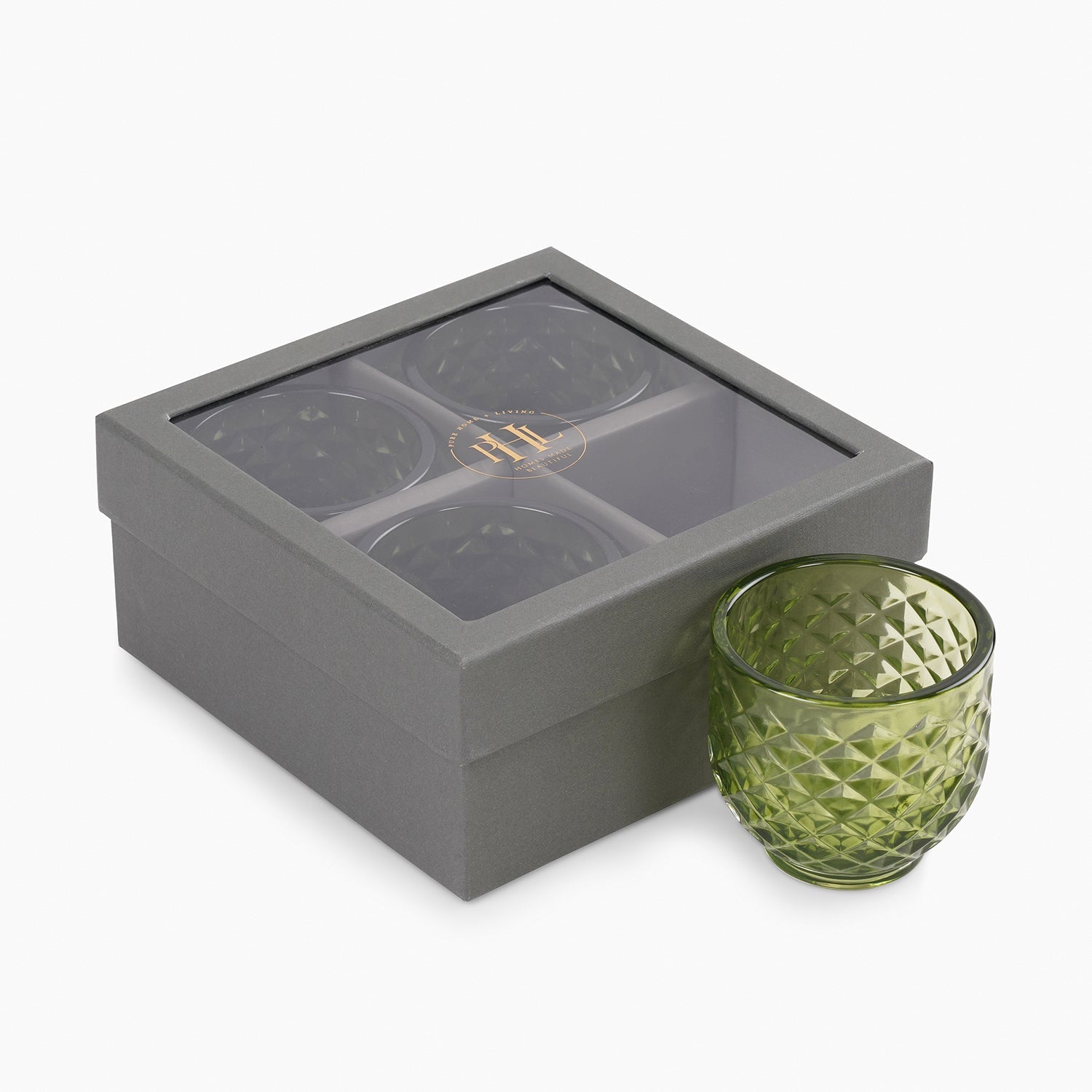 Set of 4 Green Diamond Cut Tealight Holders