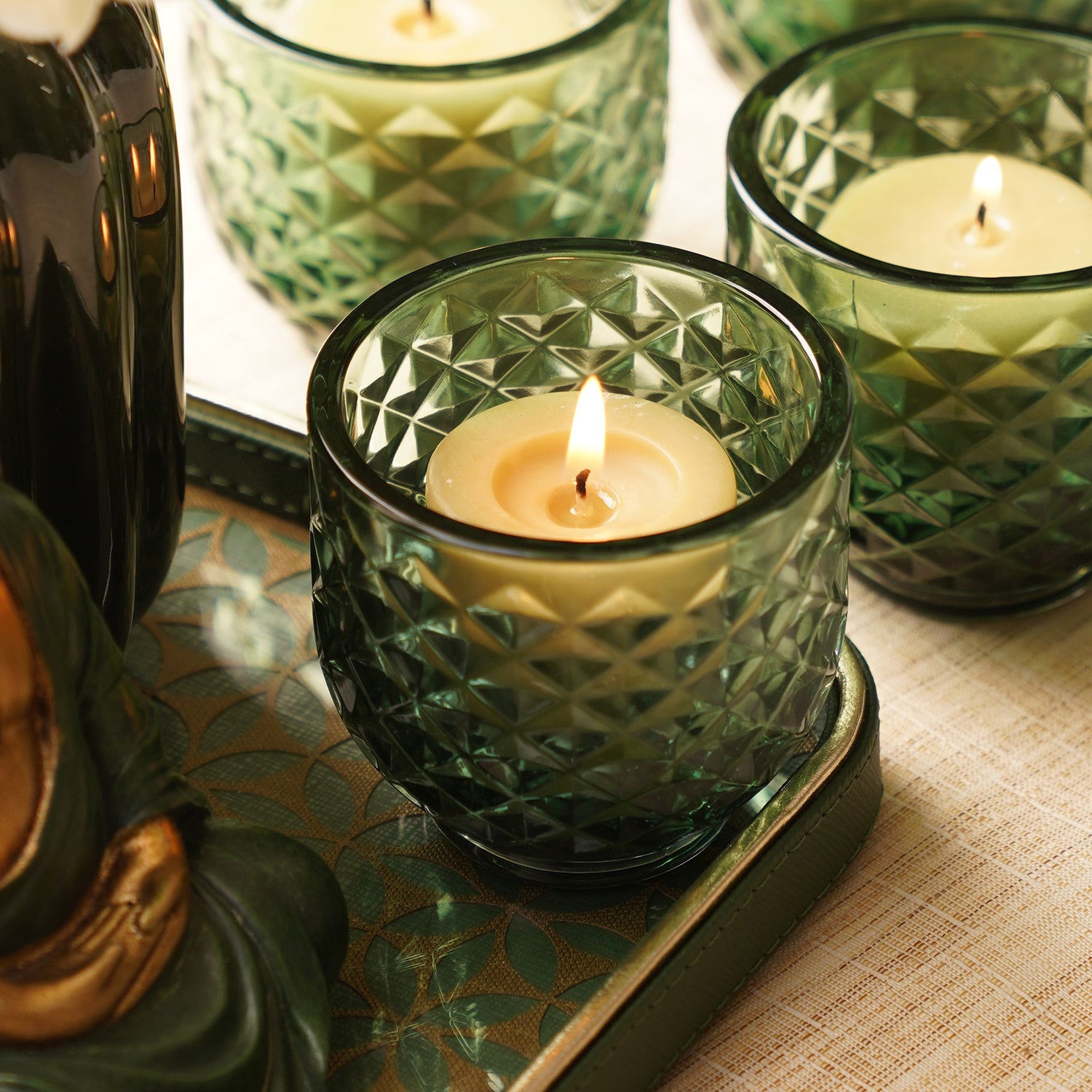 Set of 4 Dark Green Diamond Cut Tealight Holders