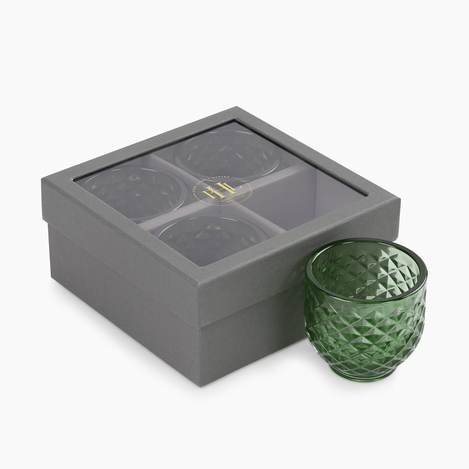 Set of 4 Dark Green Diamond Cut Tealight Holders