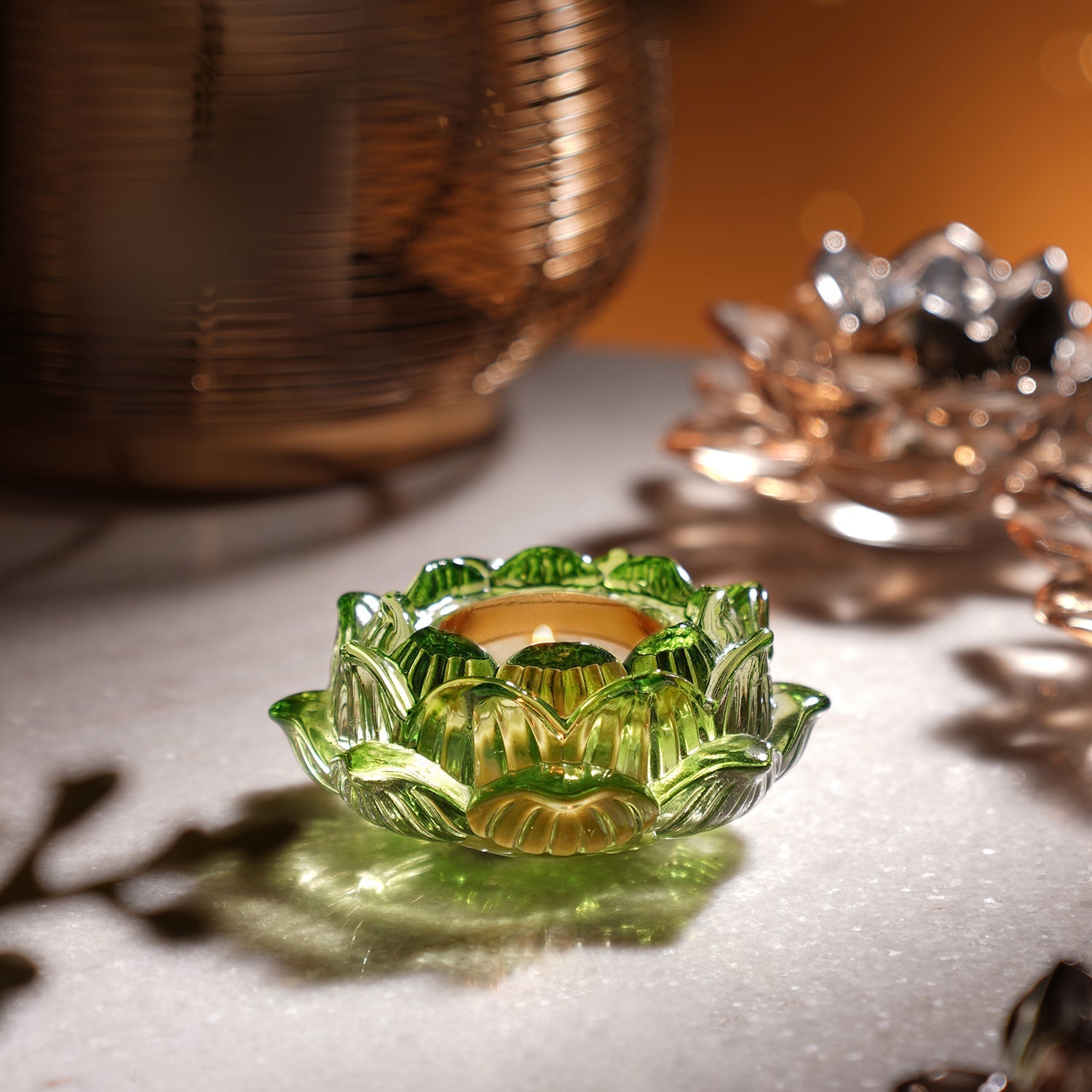 Set of 2 Green Glass Floral Shaped Tealight Holders