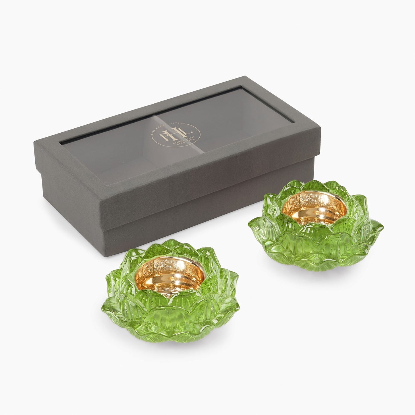 Set of 2 Green Glass Floral Shaped Tealight Holders