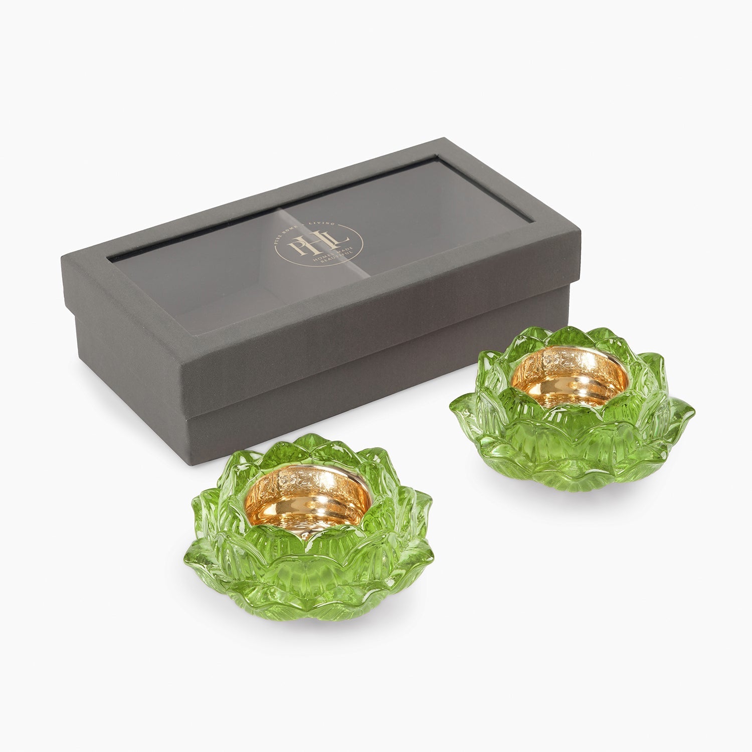 Set of 2 Green Glass Floral Shaped Tealight Holders