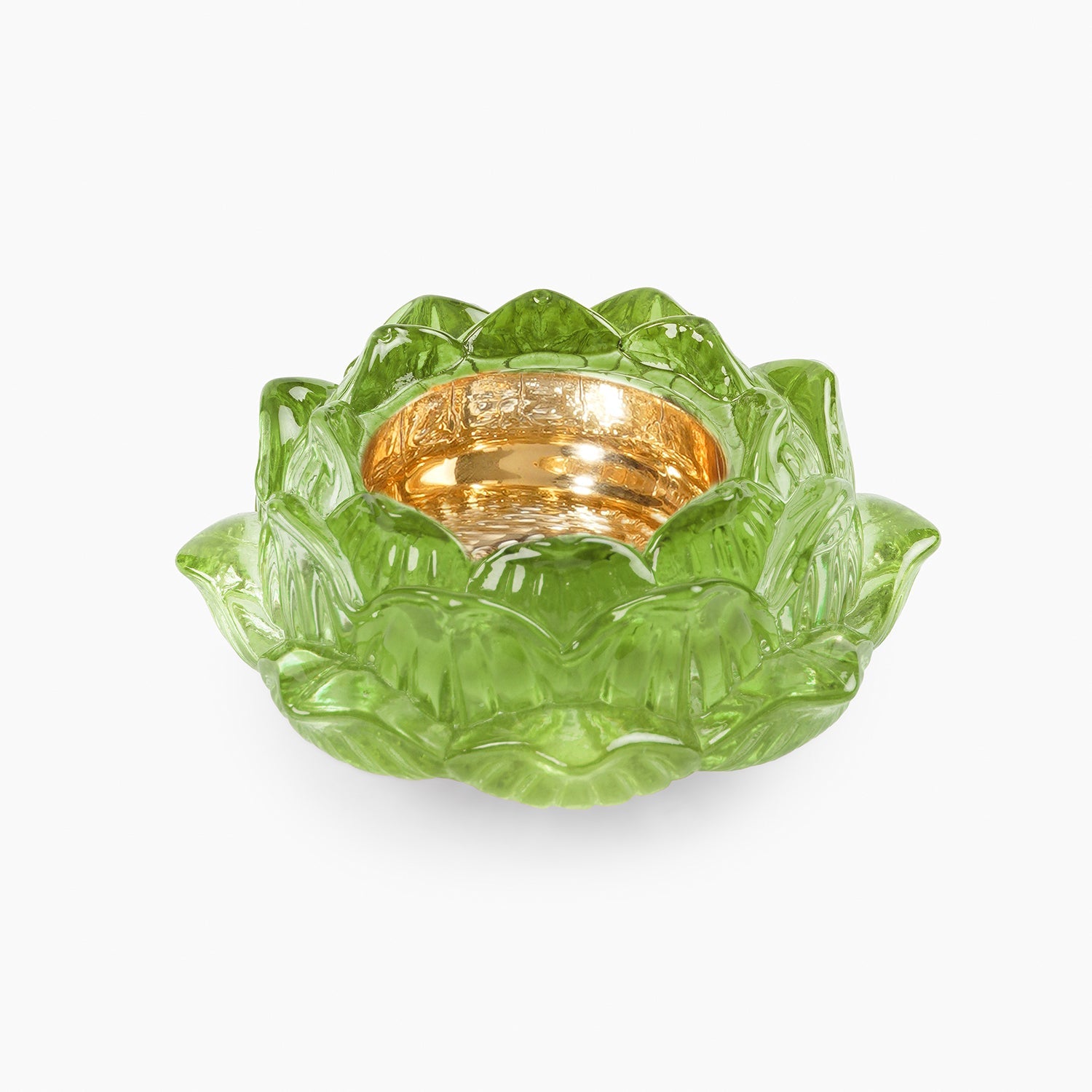 Set of 2 Green Glass Floral Shaped Tealight Holders