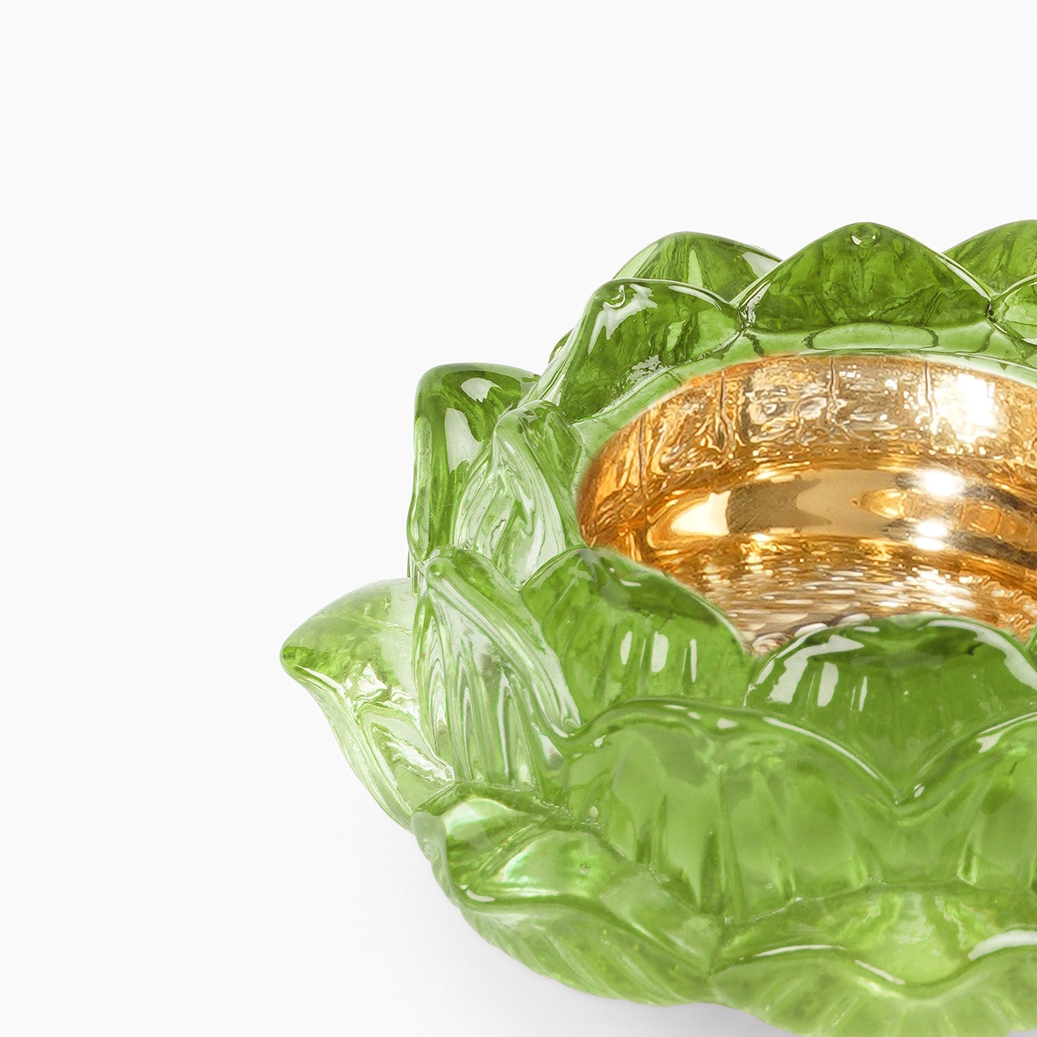 Set of 2 Green Glass Floral Shaped Tealight Holders