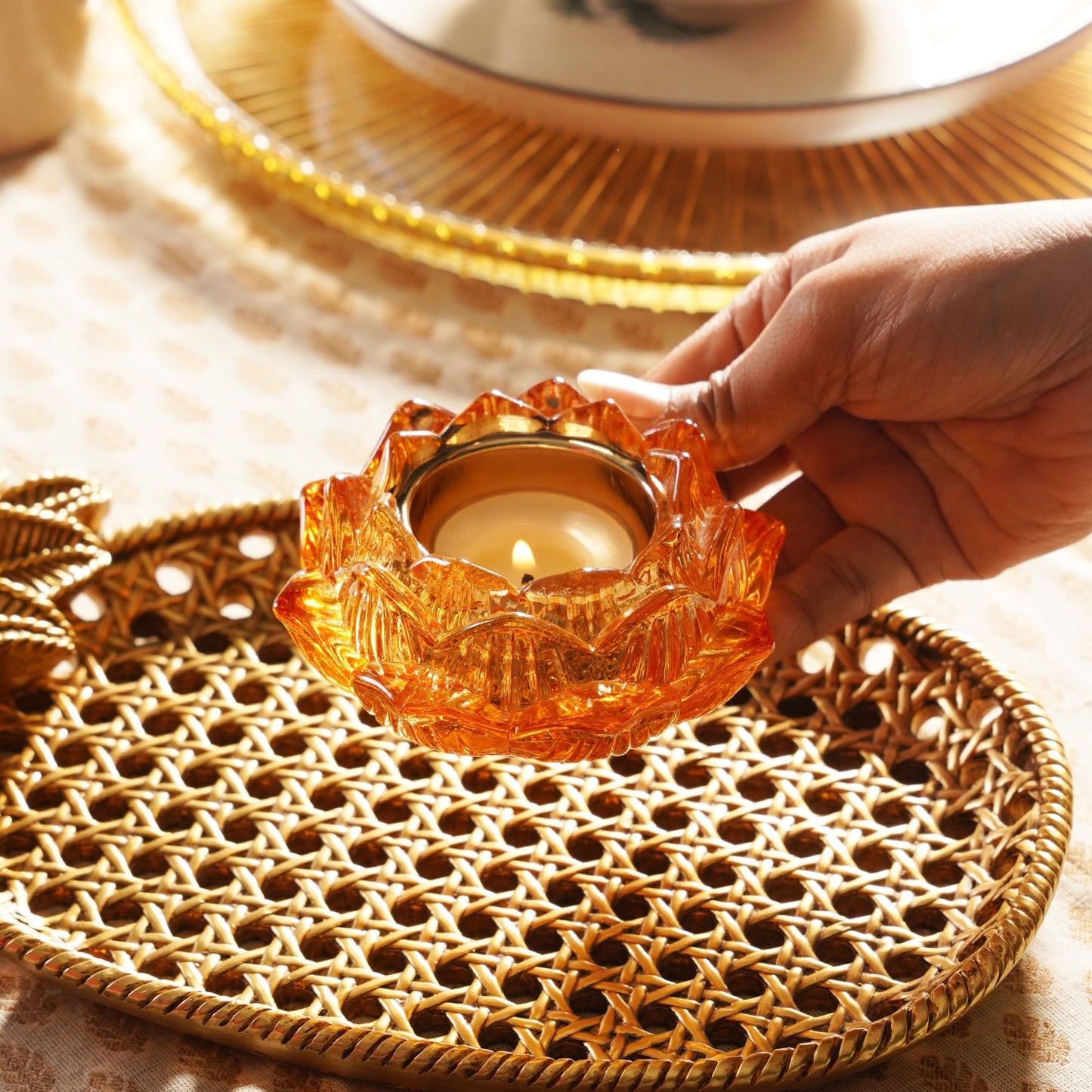 Set of 2 Orange Glass Floral Shaped Tealight Holders