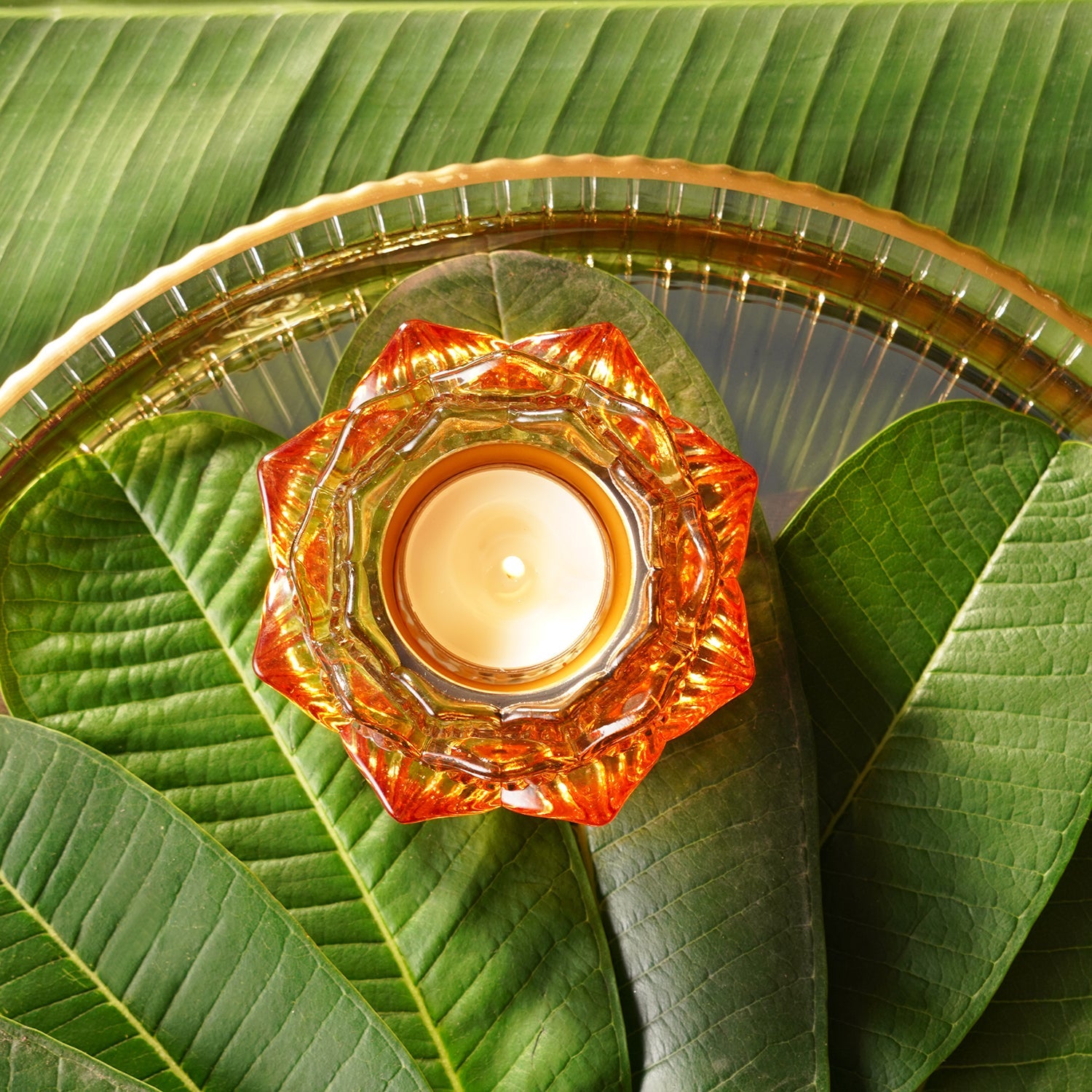 Set of 2 Orange Glass Floral Shaped Tealight Holders