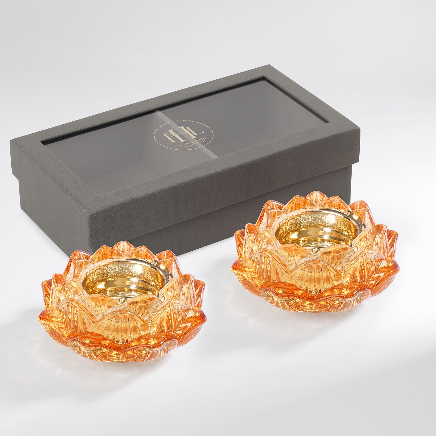 Set of 2 Orange Glass Floral Shaped Tealight Holders