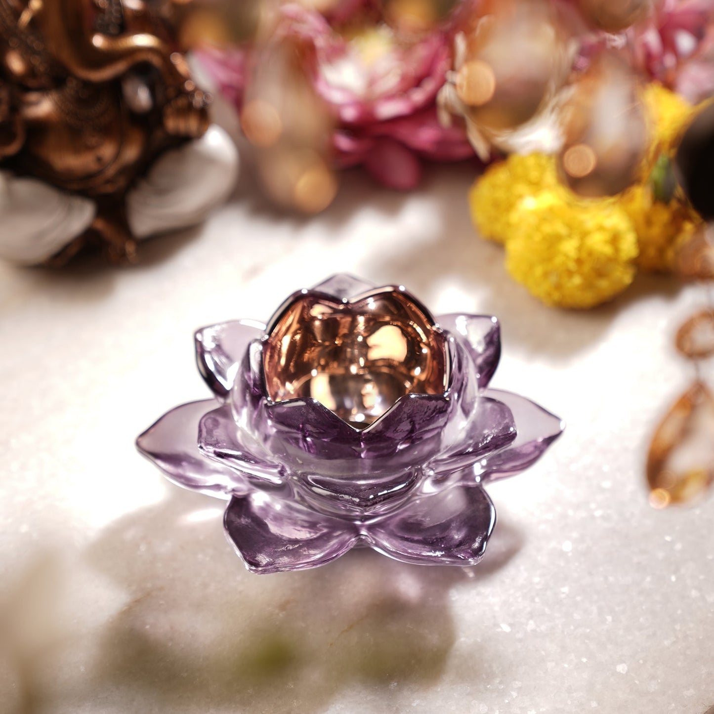 Set of 2 Purple Glass Lotus Shaped Tealight Holders