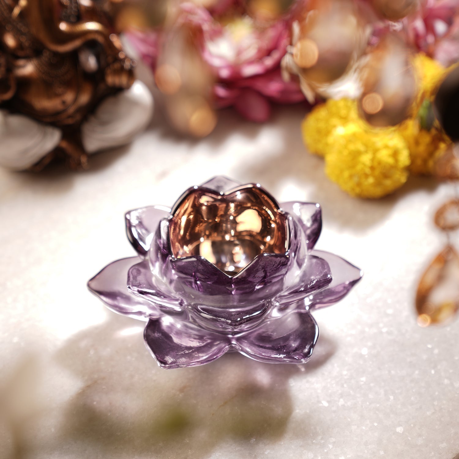 Set of 2 Purple Glass Lotus Shaped Tealight Holders