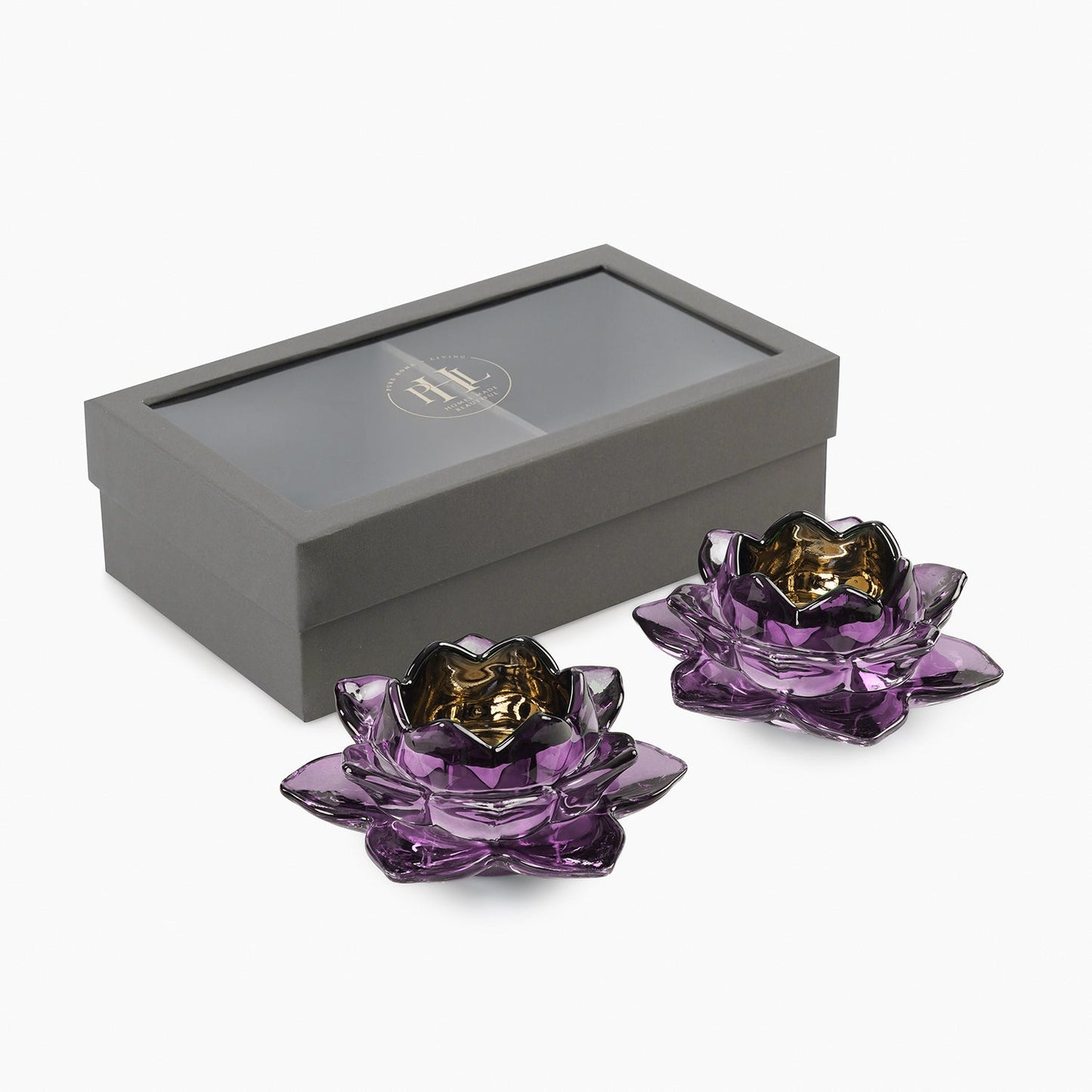 Set of 2 Purple Glass Lotus Shaped Tealight Holders