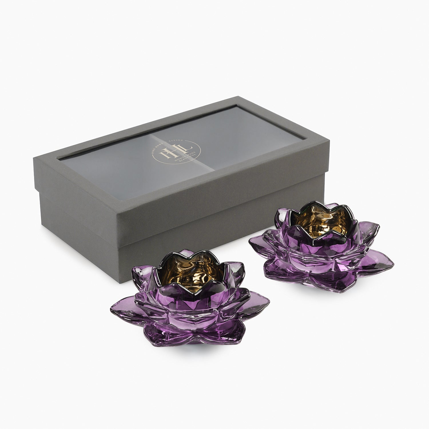 Set of 2 Purple Glass Lotus Shaped Tealight Holders