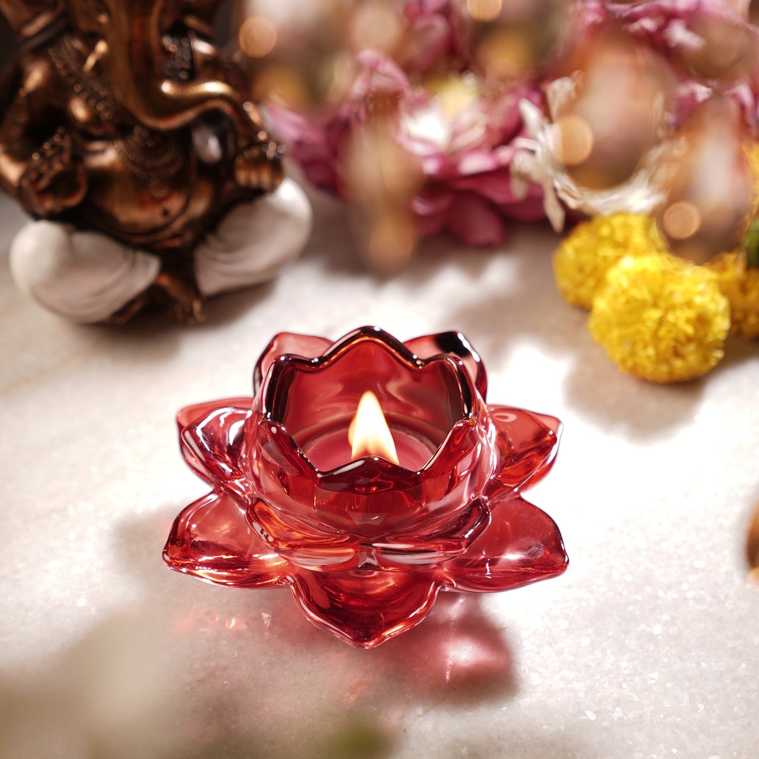 Set of 2 Red Glass Lotus Shaped Tealight Holders