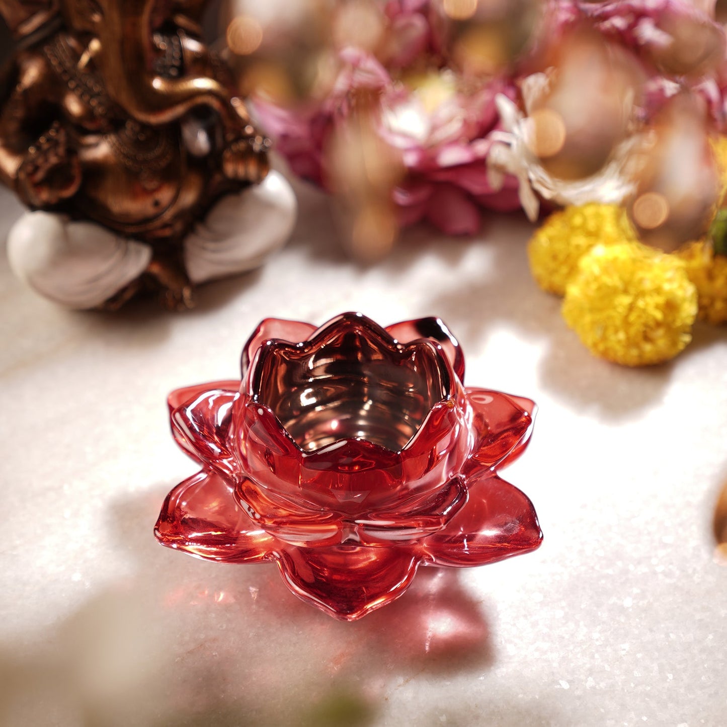 Set of 2 Red Glass Lotus Shaped Tealight Holders